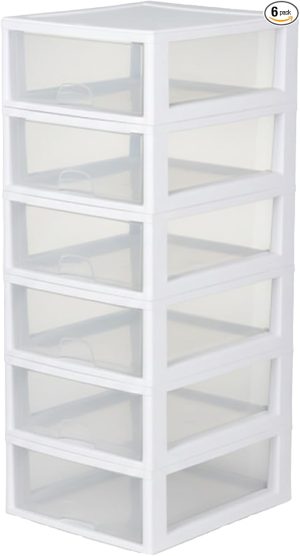 Sterilite 6-Pack 16 Quart Stacking Drawer, Clear Storage Closet Organizer, White Frame