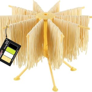 Cambom Foldable Pasta Drying Rack- Plastic Spaghetti Noodle Dryer with 10 Bar Handles Yellow