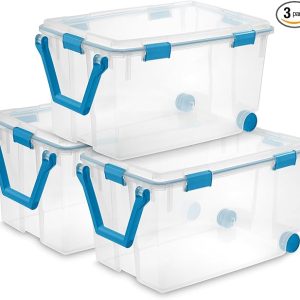 Sterilite Gasket Storage Box with Lids, 120 Quart, 3-Pack, Clear and Blue Aquarium Latches