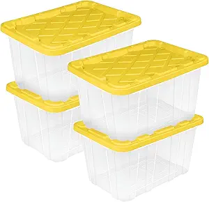 Sterilite Industrial Storage Box with Lids for Garage, 27 Gallon, 4-Pack, Yellow