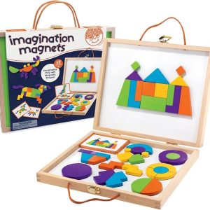 MindWare Imagination Magnets Wooden Pattern Blocks Set - Imaginative Play with Magnetic Shapes in a Carrying Case